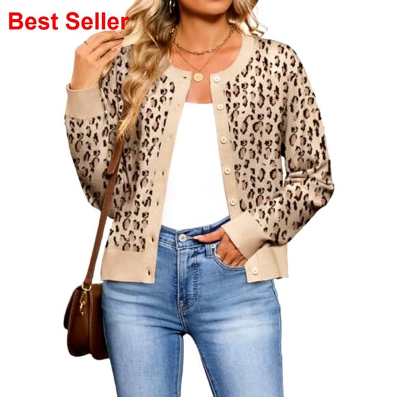 Lightweight Crew Neck Cardigan, Button Down, Long Sleeve, Stretchy Knit Fabric - Picture 3 of 7